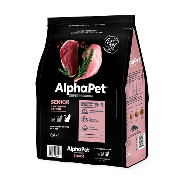 AlphaPet Superpremium сухой корм для пожилых кошек от 7 лет с кроликом и уткой - 400 г