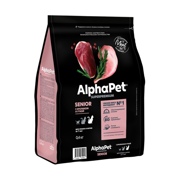 AlphaPet Superpremium сухой корм для пожилых кошек от 7 лет с кроликом и уткой - 400 г
