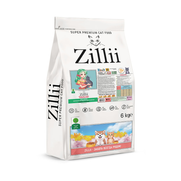 Zillii Healthy Care Anti-aging Профилактика сухой гипоаллергенный корм для взрослых кошек, формула активного долголетия с индейкой и ягненком - 6 кг