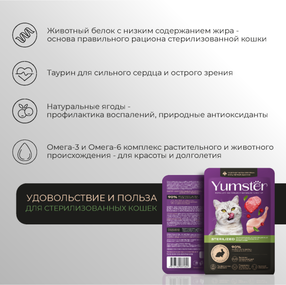 Yumster Sterilized влажный корм для стерилизованных кошек с кроликом и клюквой в соусе, в паучах - 85 г