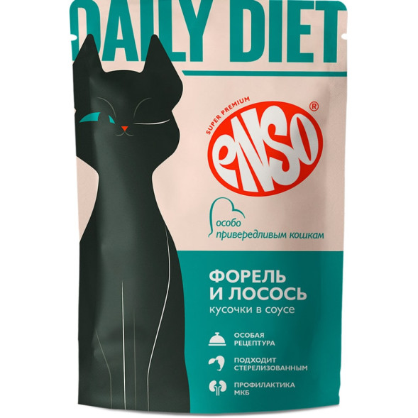 ENSO DAILY DIET влажный корм для взрослых привередливых кошек, кусочки в соусе с форелью и лососем, в паучах - 85 г