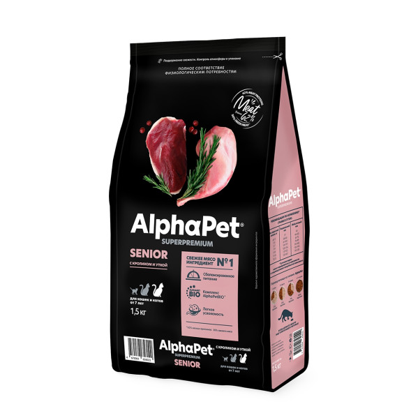 AlphaPet Superpremium сухой корм для пожилых кошек от 7 лет с кроликом и уткой - 1,5 кг