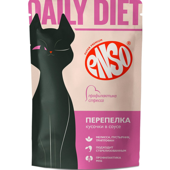 ENSO DAILY DIET влажный корм для взрослых кошек для профилактики стресса, кусочки в соусе с перепелкой, в паучах - 85 г