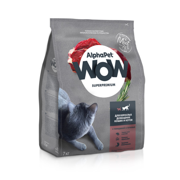 AlphaPet WOW Superpremium полнорационный сухой корм для взрослых кошек c говядиной и печенью - 7 кг