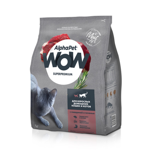 AlphaPet WOW Superpremium полнорационный сухой корм для взрослых кошек c говядиной и печенью - 7 кг