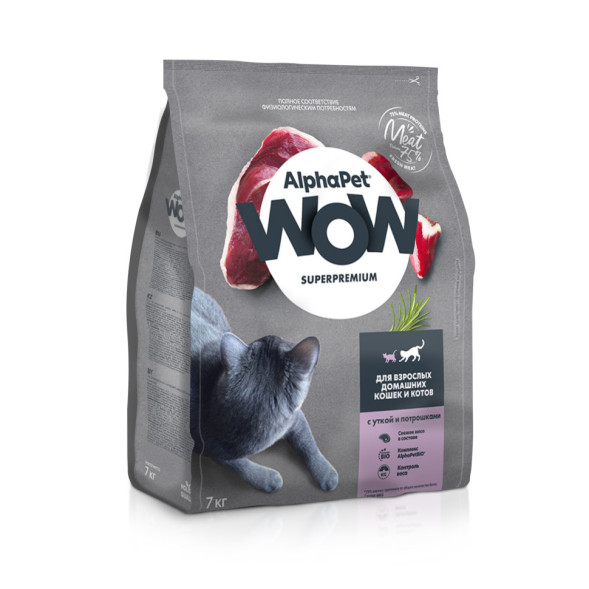 AlphaPet WOW Superpremium полнорационный сухой корм для взрослых кошек с уткой и потрошками - 7 кг