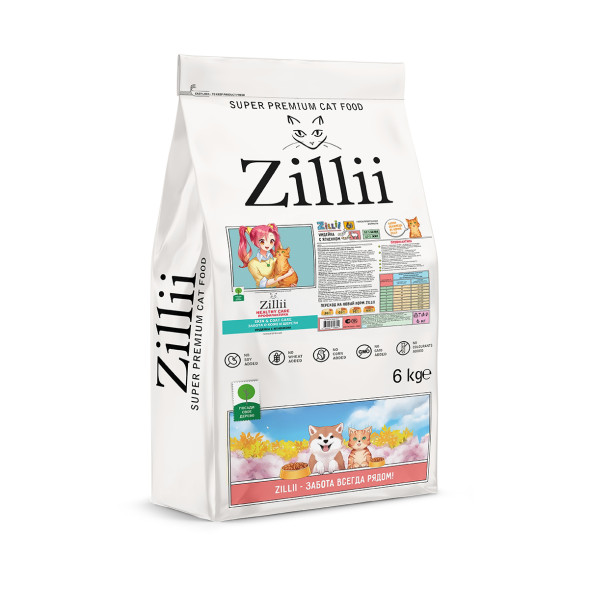 Zillii Healthy Care Skin &amp; Coat Care Профилактика сухой гипоаллергенный корм для взрослых кошек для поддержки здоровья кожи и шерсти с индейкой и ягненком - 6 кг