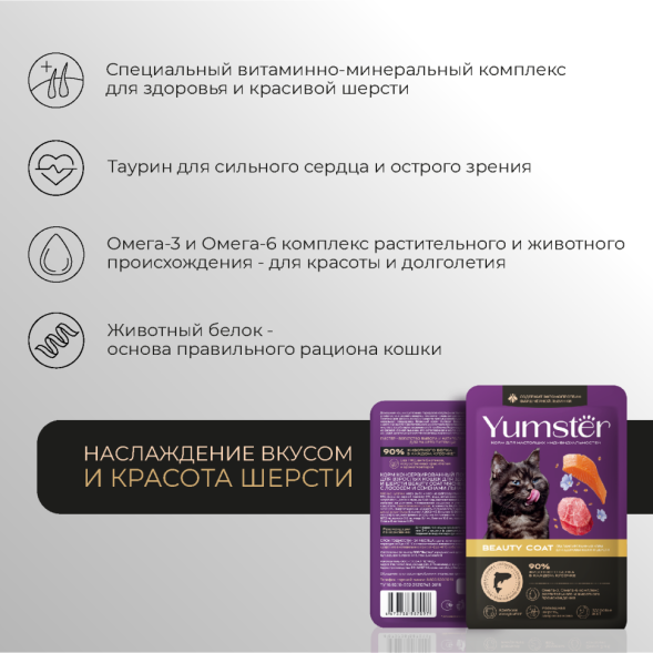 Yumster влажный корм для кошек с лососем и льном в соусе, в паучах - 85 г