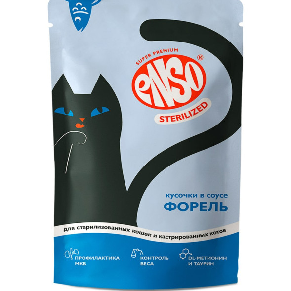 ENSO STERILIZED влажный корм для взрослых стерилизованных кошек, кусочки в соусе с форелью, в паучах - 85 г