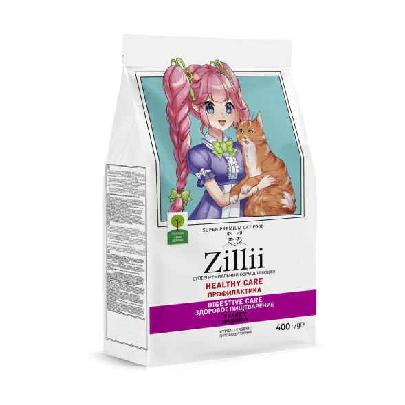 Zillii Healthy Care Digestive Care Профилактика сухой гипоаллергенный корм для взрослых кошек для поддержки здоровья пищеварительной системы с индейкой - 400 г