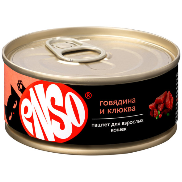 ENSO влажный корм для взрослых кошек, паштет с говядиной и клюквой, в консервах - 100 г
