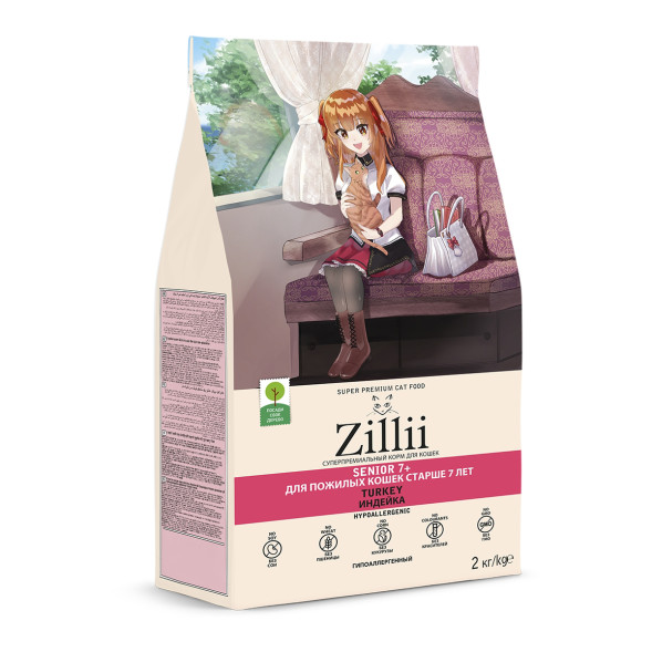 Zillii Senior Cat 7+ сухой гипоаллергенный корм для пожилых кошек старше 7 лет с индейкой - 2 кг