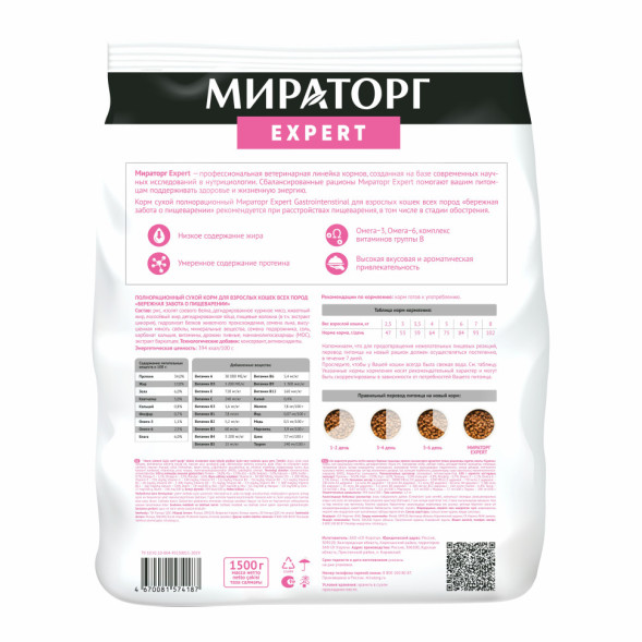 Мираторг сухой корм для взрослых кошек, бережная забота о пищеварении - 1,5 кг