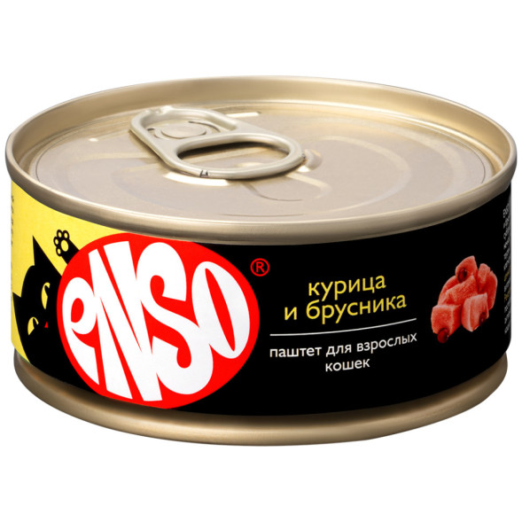 ENSO влажный корм для взрослых кошек, паштет с курицей и брусникой, в консервах - 100 г