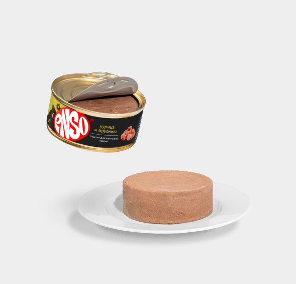 ENSO влажный корм для взрослых кошек, паштет с курицей и брусникой, в консервах - 100 г