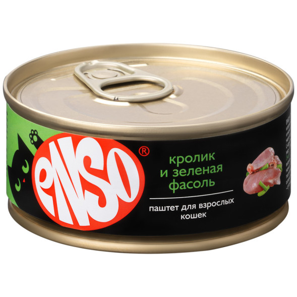 ENSO влажный корм для взрослых кошек, паштет с кроликом и зеленой фасолью, в консервах - 100 г