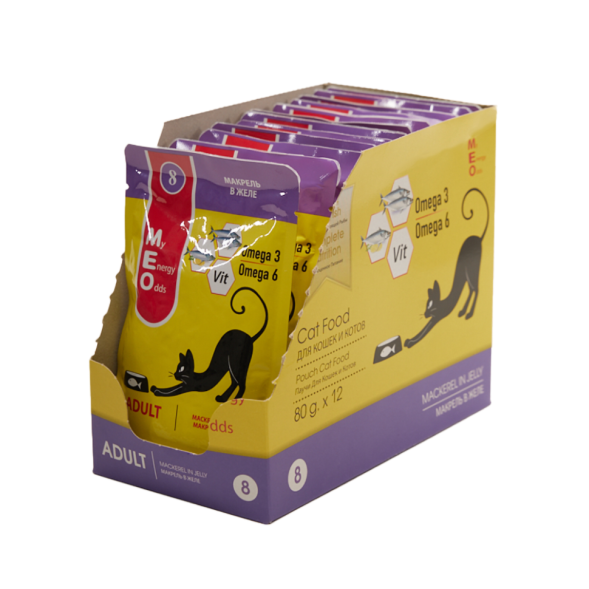 MEO влажный корм для взрослых кошек с макрелью в желе, в паучах - 80 г