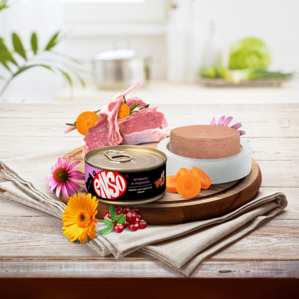 ENSO влажный корм для взрослых кошек, паштет с ягненком и морковью, в консервах - 100 г