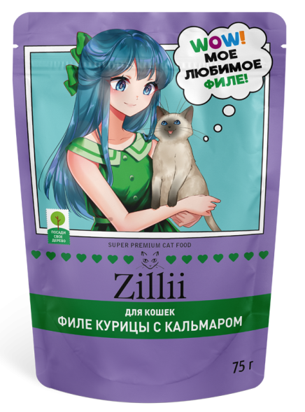 Zillii влажный корм для взрослых кошек с курицей и кальмаром в желе, в паучах - 75 г