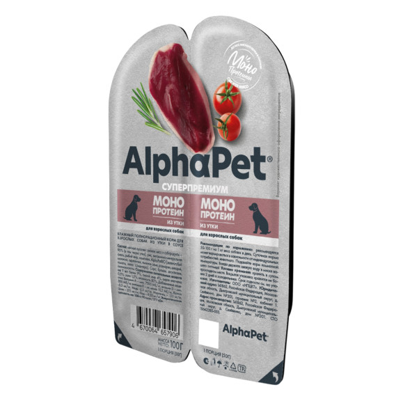 AlphaPet Superpremium Monoprotein влажный корм для взрослых собак всех пород с уткой в соусе, в ламистерах - 100 г