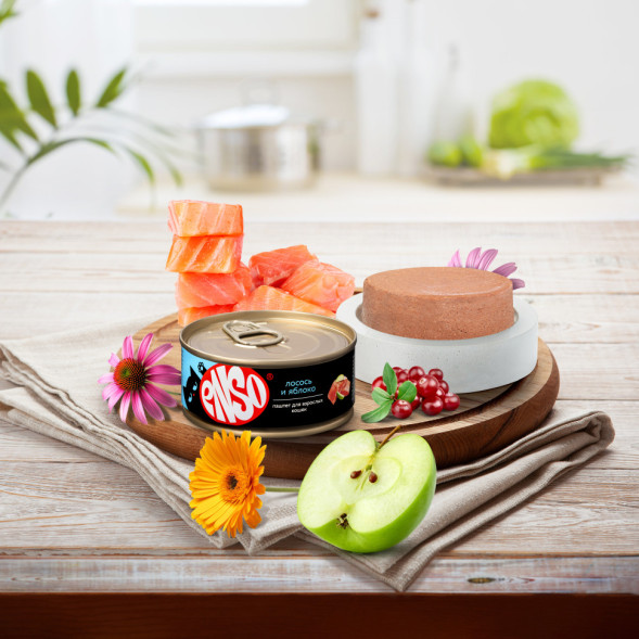 ENSO влажный корм для взрослых кошек, паштет с лососем и яблоком, в консервах - 100 г