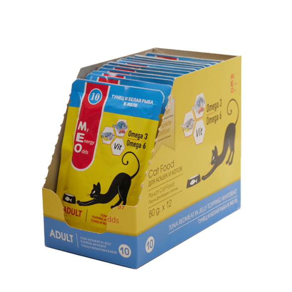 MEO влажный корм для взрослых кошек с тунцом и белой рыбой в желе, в паучах - 80 г