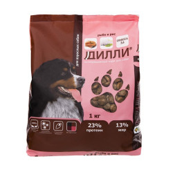 Дилли сухой корм для взрослых собак с рыбой и рисом - 1 кг
