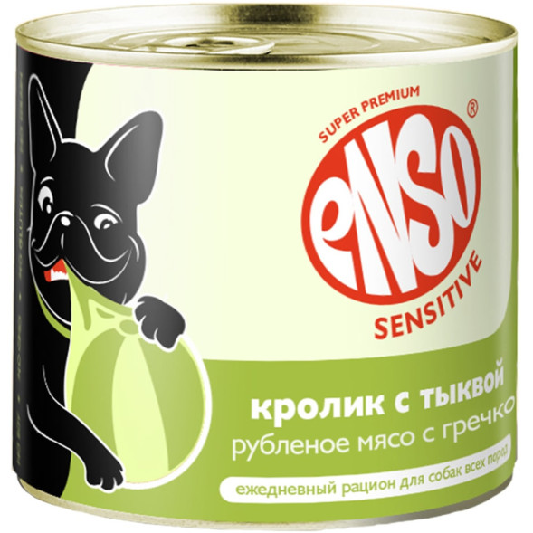 ENSO SENSITIVE влажный корм для взрослых собак всех пород с чувствительным пищеварением, рубленое мясо кролика с гречкой и тыквой, в консервах - 190 г