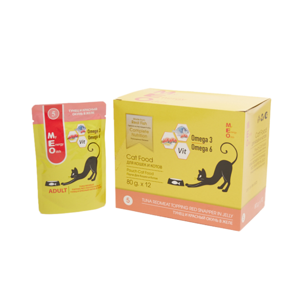 MEO влажный корм для взрослых кошек с тунцом и красным окунем в желе, в паучах - 80 г