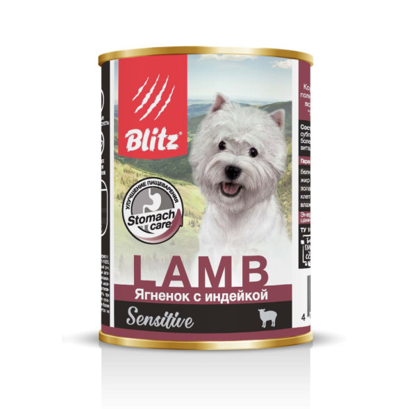 Blitz Sensitive Adult Dog влажный корм для взрослых собак с чувствительным пищеварением, с ягненком и индейкой, в консервах - 400 г
