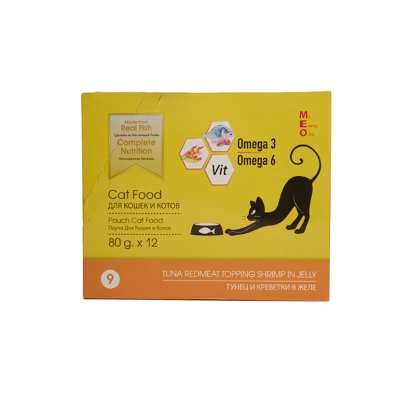 MEO влажный корм для взрослых кошек с тунцом и креветками в желе, в паучах - 80 г