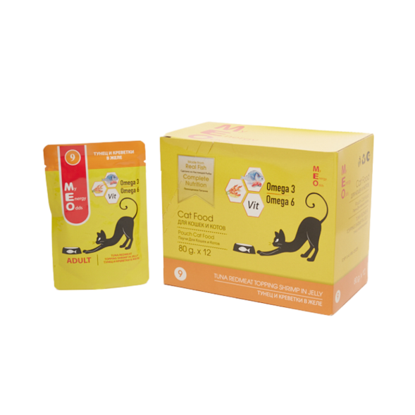MEO влажный корм для взрослых кошек с тунцом и креветками в желе, в паучах - 80 г