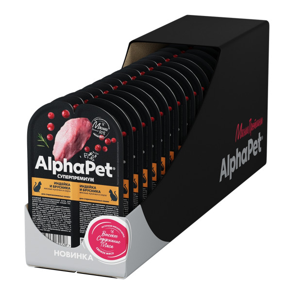 AlphaPet Superpremium влажный корм для взрослых стерилизованных кошек с индейкой и брусникой в соусе, в ламистерах - 80 г