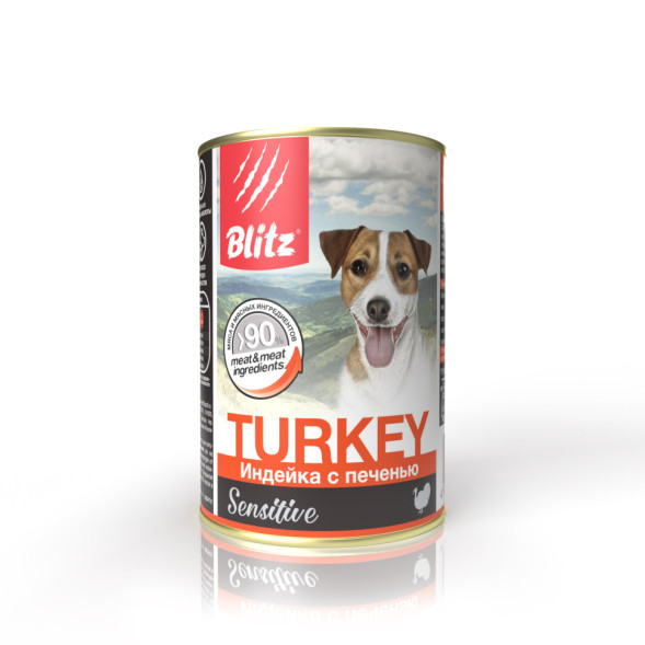 Blitz Sensitive Adult Dog консервы для взрослых собак с чувствительным пищеварением, с индейкой и печенью - 400 г