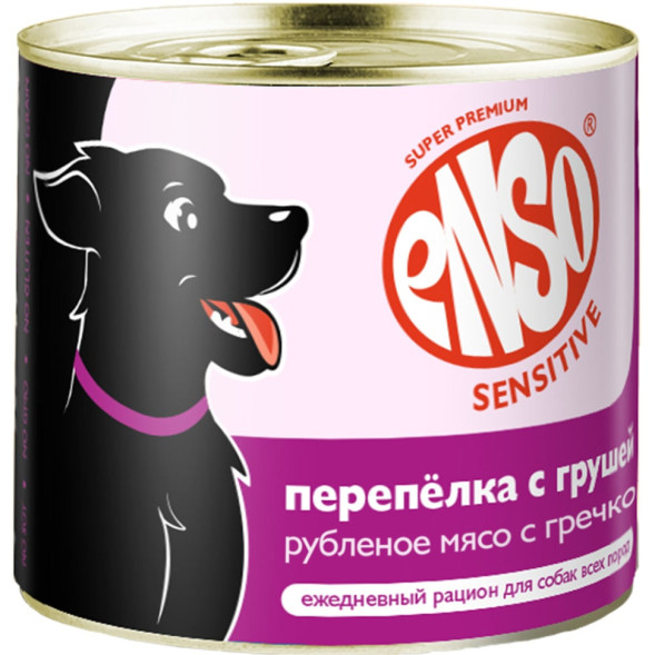 ENSO SENSITIVE влажный корм для взрослых собак всех пород с чувствительным пищеварением для поддержания здоровья печени, рубленое мясо перепелки с гречкой и грушей, в консервах - 190 г