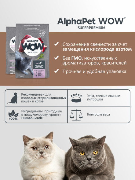 AlphaPet WOW Superpremium сухой полнорационный корм для взрослых домашних кошек и котов с уткой и потрошками - 1,5 кг