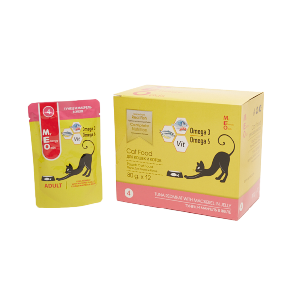 MEO влажный корм для взрослых кошек с тунцом и макрелью в желе, в паучах - 80 г