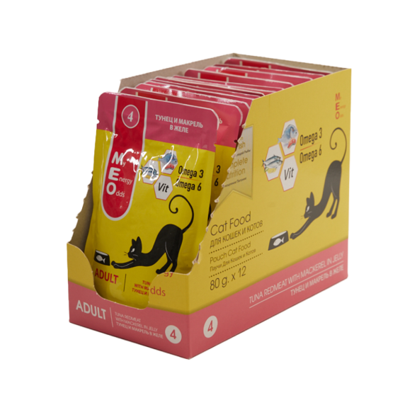 MEO влажный корм для взрослых кошек с тунцом и макрелью в желе, в паучах - 80 г