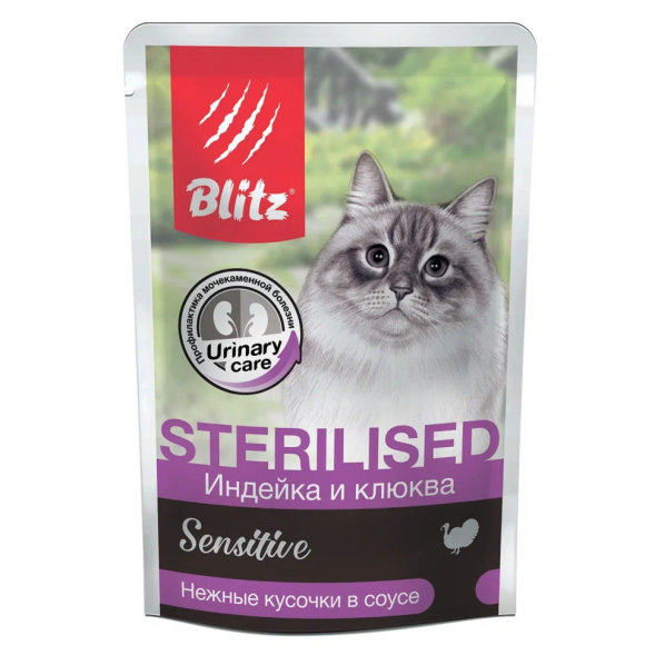Blitz Sensitive Sterilised Cats влажный корм для стерилизованных кошек, с индейкой и клюквой, в паучах - 85 г