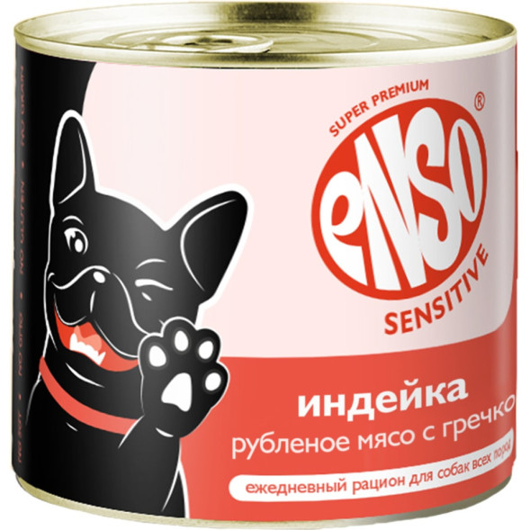 ENSO SENSITIVE влажный корм для взрослых собак всех пород с чувствительным пищеварением для поддержания здоровья суставов и связок, рубленое мясо индейки с гречкой, в консервах - 190 г