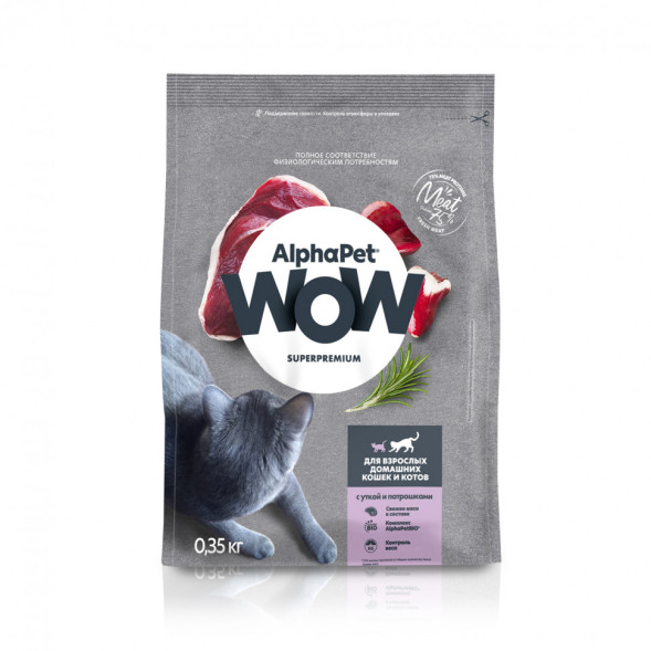 AlphaPet WOW Superpremium сухой полнорационный корм для взрослых домашних кошек и котов с уткой и потрошками - 350 г