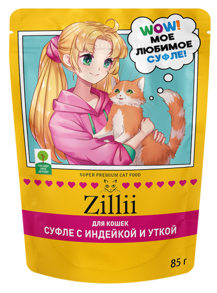 Zillii влажный корм для взрослых кошек, суфле из индейки и утки, в паучах - 85 г