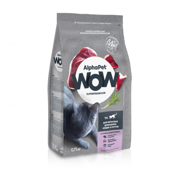 AlphaPet WOW Superpremium сухой полнорационный корм для взрослых домашних кошек и котов с уткой и потрошками - 750 г