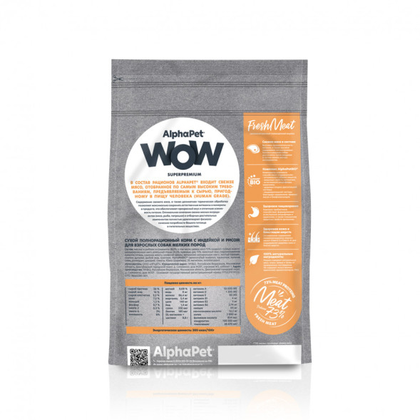 AlphaPet WOW Superpremium сухой полнорационный корм для взрослых собак мелких пород с индейкой и рисом - 1,5 кг