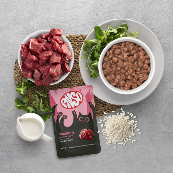ENSO влажный корм для котят, кусочки в соусе с говядиной, в паучах - 85 г