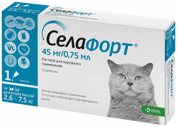 Селафорт капли от блох, вшей и власоедов для кошек весом от 2,6 до 7,5 кг - 1 пипетка (45 мг/0,75 мл)
