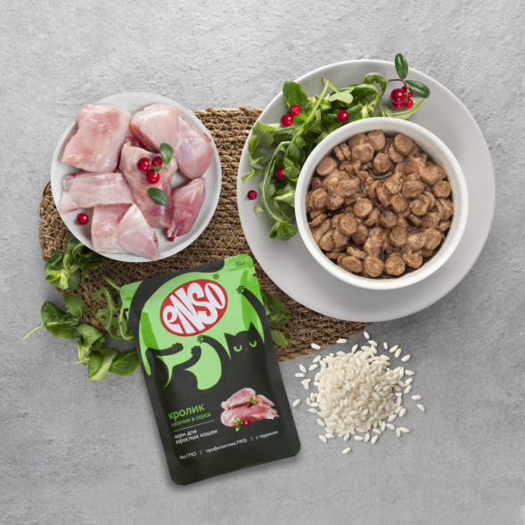 ENSO влажный корм для взрослых кошек, кусочки в соусе с кроликом, в паучах - 85 г