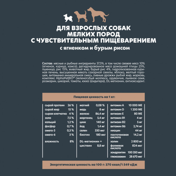 AlphaPet WOW Superpremium сухой полнорационный корм для взрослых собак мелких пород с чувствительным пищеварением с ягненком и бурым рисом - 900 г