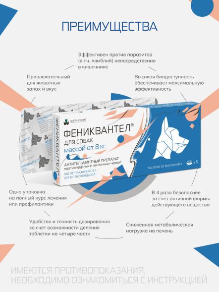 Фениквантел 100 мг антигельминтный препарат для собак - 5 таблеток
