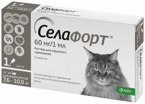Селафорт капли от блох, вшей и власоедов для кошек весом от 7,6 до 10 кг - 1 пипетка (60 мг/1 мл)